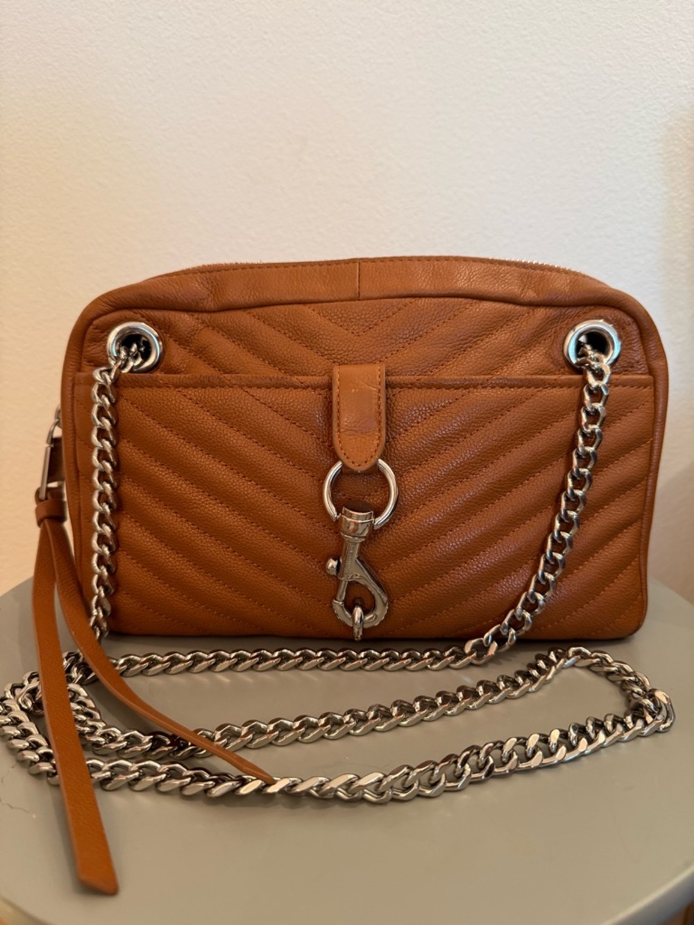 Rebecca Minkoff Chevron Quilted Leather Crossbody Brown Chain Strap Bag